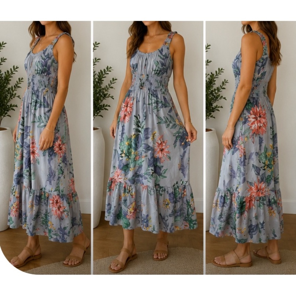 Patrons of Peace Floral Midi Dress Small Gray Tropical Boho Smocked Rayon Summer - Picture 7 of 7